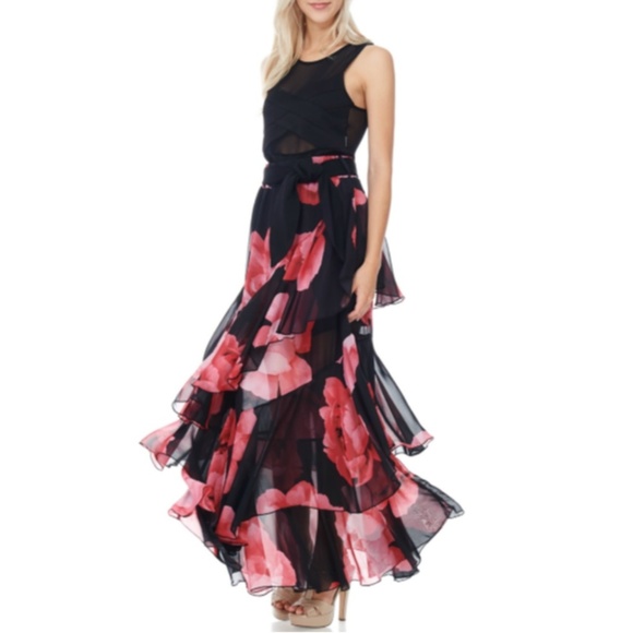 Tov Holy Red Black Floral Chiffon Maxi… - Picture 1 of 5